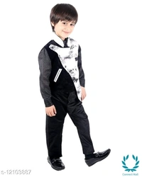 Boy's Ethnic Party Wear Shirt Waistcoat and Pant Set - 1-2 Years, Black, Aqua, Top Fabric Bottom Fabric : Polyster, Multipack :single Add-Ons:bow Tie
